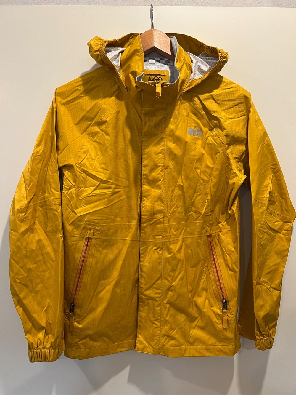 REI Waterproof Hooded Jacket in Mustard Yellow